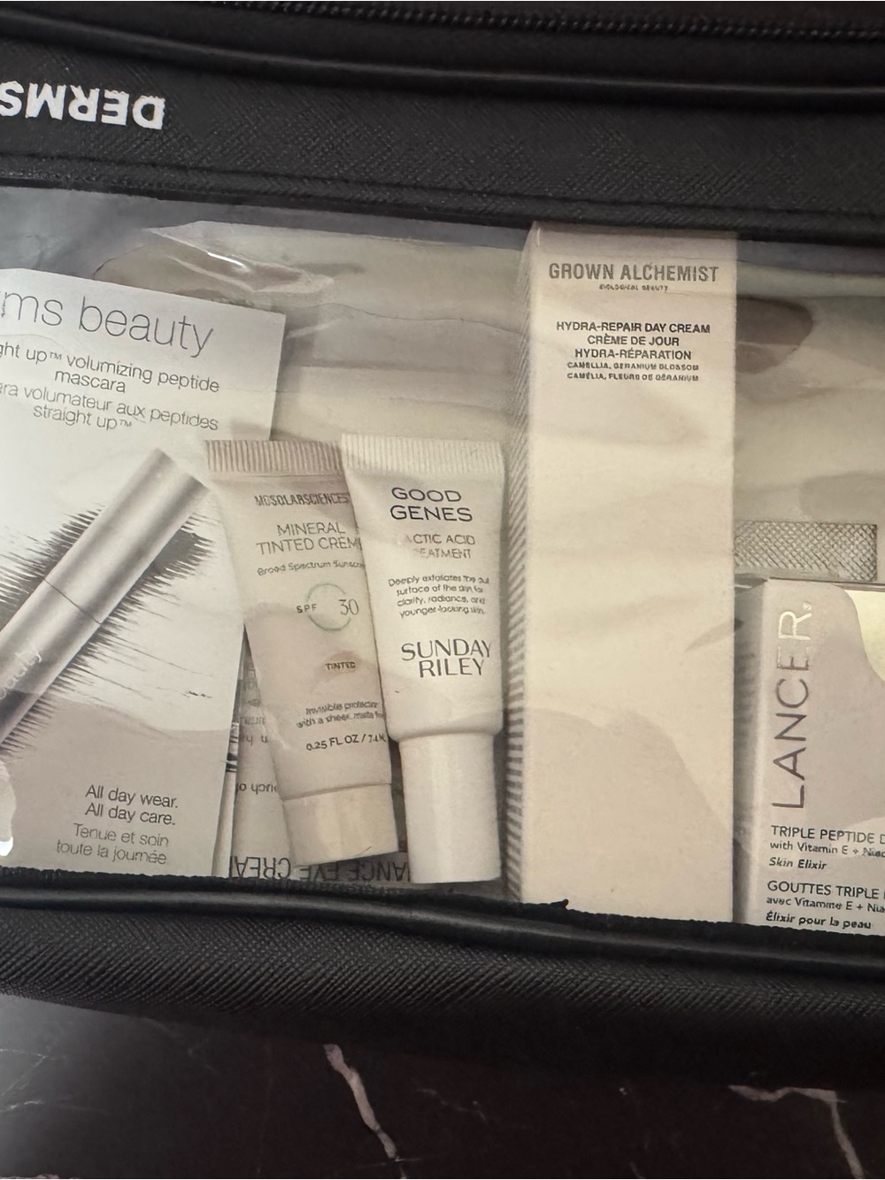 Cosmetic bag with luxury products travel size and some samples